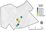 Median center points for Mycobacterium tuberculosis genotypic groups A–E (≤5 single-nucleotide polymorphisms) and genotypically ungrouped strains in study of high-resolution geospatial and genomic data to characterize recent tuberculosis transmission, Gaborone, Botswana, 2012–2016. The median center represents a centralized geographic location that is estimated by minimizing the distance to all other participant locations being analyzed.
