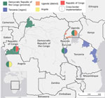 Areas where the Democratic Republic of the Congo, Tanzania, and Uganda ministries of health and their partners implemented Population Connectivity Across Borders events as part of COVID-19 control efforts, May 2020–March 2022.