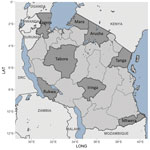 Locations of 8 survey regions within mainland Tanzania (dark gray shading) in study of similar prevalence of Plasmodium falciparum and non–P. falciparum malaria infections among schoolchildren, Tanzania.