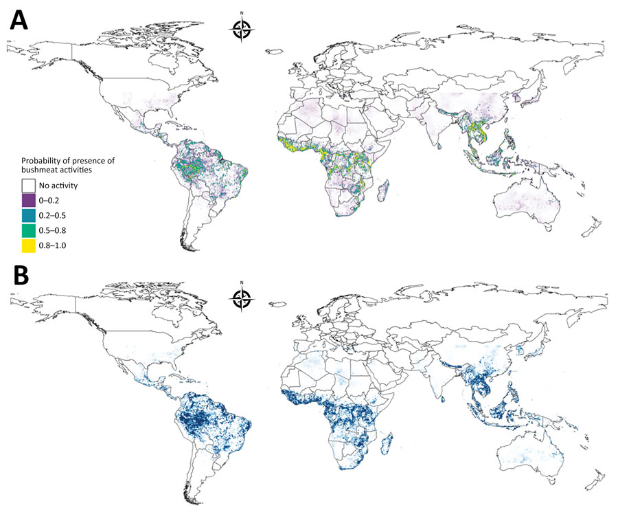 Model prediction and uncertainty maps for model of global bushmeat activities (hunting, preparing, and selling bushmeat) to improve zoonotic spillover surveillance. A) Distribution of bushmeat activities in the tropical and subtropical regions from an ensemble of 3 model predictions using a hierarchical binomial model with spatial autocorrelation. B) Map illustrating the uncertainty of predicted bushmeat activities represented by the SD of each pixel. Each pixel represents a 5 × 5 km area.