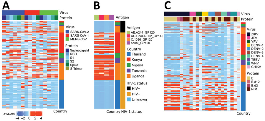 Heatmaps for outbreak coronaviruses, HIV-1, and flavivirus responses compared in a study of coronavirus antibody responses before COVID-19 pandemic, Thailand and Africa. A) IgG binding responses against SARS-CoV-2, SARS-CoV-1, and MERS-CoV. B) IgG binding responses against HIV-1 envelope antigens corresponding to CRF01_AE, CRF02_AG, subtype C, and group M. C) IgG binding responses against flaviviruses. Binding responses are presented as Z scores. Each column corresponds to a specific antigen. Each row represents a sample; the country of origin and HIV-1 status are marked in different colors. CHIKV, chikungunya virus; DENV, dengue virus; E, envelope; JEV, Japanese encephalitis virus; MERS-CoV, Middle East respiratory syndrome coronavirus; N, nucleocapsid; NS1, nonstructural 1; PLWH, persons living with HIV; PWOH, persons without HIV; RBD, receptor-binding domain; S1, subunit 1; S2, subunit 2; TBEV, tickborne encephalitis virus; YFV, yellow fever virus; WNV, West Nile virus; ZIKV, Zika virus.