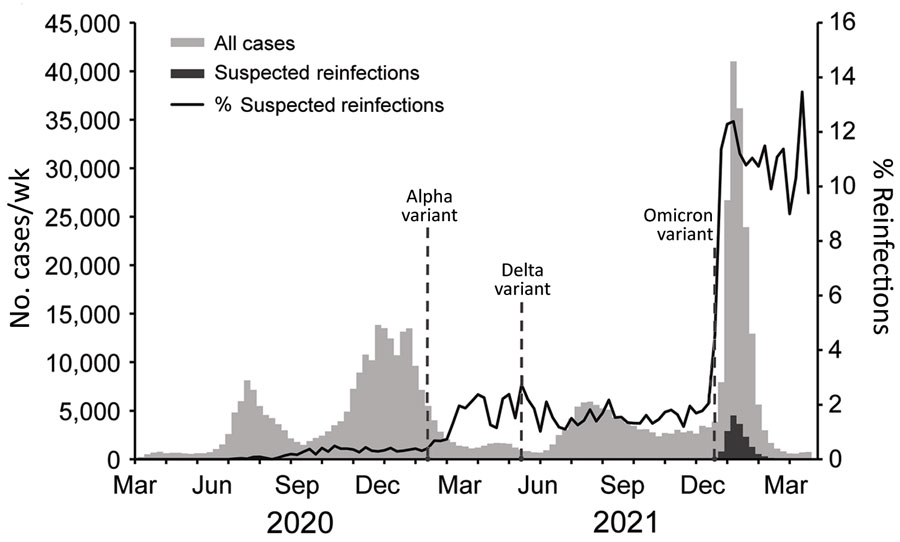 SARS-CoV-2 cases and suspected reinfections, Clark County, Nevada, USA, March 2020–March 2022. Dotted lines show timeframe for identification of Alpha, Delta, and Omicron SARS-CoV-2 variants in Clark County. New cases were defined as a first positive SARS-CoV-2 PCR test for a person. Suspected reinfections were defined as a second positive SARS-CoV-2 PCR test collected >90 days after a person’s first positive PCR test. 