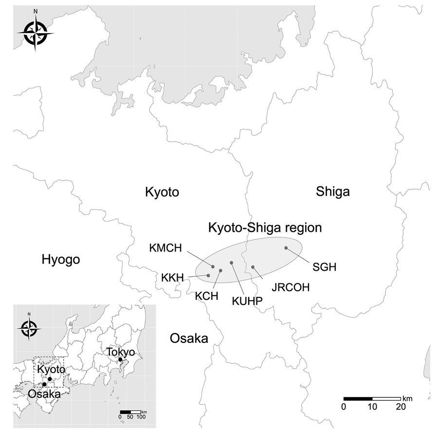 Study area for investigation of clonal expansion of multidrug-resistant Streptococcus dysgalactiae subspecies equisimilis causing bacteremia, Japan, 2005–2021. Shading indicates the Kyoto-Shiga region and hospitals included in the study. Inset shows study area in Japan. KCH, Kyoto City Hospital; KKH, Kyoto Katsura Hospital; KMCH, Kyoto Min-iren Chuo Hospital; KUHP, Kyoto University Hospital; JRCOH, Japanese Red Cross Otsu Hospital; SGH, Shiga General Hospital. 