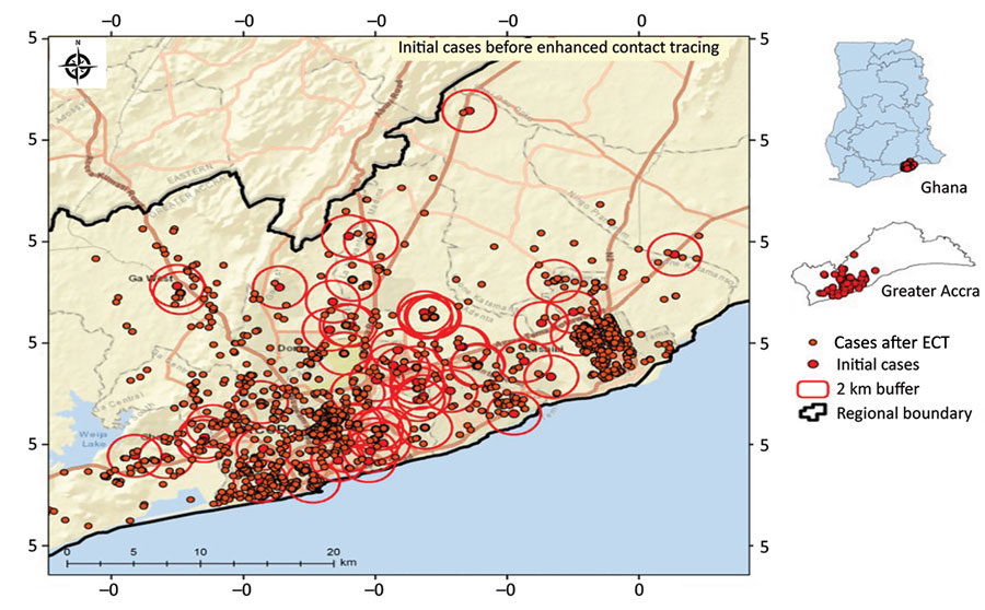 Sample spatial distribution of new COVID-19 cases identified after geographic positioning system‒linked contact tracing, Greater Accra Region, Ghana, May 16, 2020. Insets show location of study area in Greater Accra and of Greater Accra in Ghana. Large red circles indicate initial cases, and small red circles indicate cases after ECT. ECT, enhanced contact tracing.