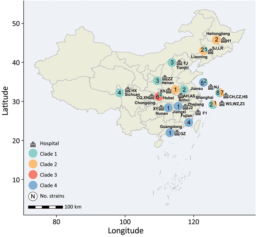 Regional distribution of 58 invasive infections caused by C. haemulonii in China during 2010–2017, collected from the China Hospital Invasive Fungal Surveillance Net study. Province names are listed, and hospital locations are marked by icons; the abbreviation codes of hospitals are listed next to each location. The pie charts adjacent to the province names indicate the number of isolates collected; phylogenetic clades are labeled in different colors.