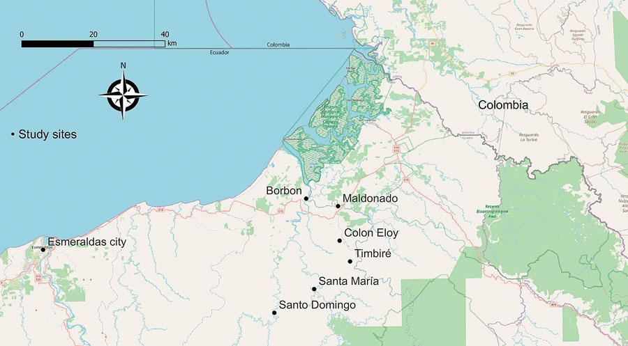 Locations of the 6 rural communities in Esmeraldas Province and the city of Esmeraldas for study of transmission dynamics of dengue in large and small population centers, northern Ecuador.