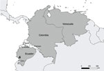 Location of El Oro Provinces in Ecuador, Nariño and Putumayo departments in Colombia, and Venezuela in relationship to Esmeraldas Province in study of transmission dynamics of dengue in large and small population centers, northern Ecuador.