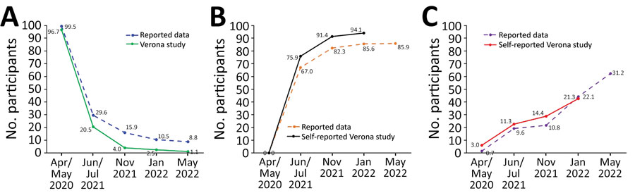 Reported and sampling data for SARS-CoV-2, Verona, Italy, May 2020‒2022. Comparison is shown between official (reported) and Verona study proportions of naive (A), vaccinated (B), and infected (C) persons. Values along data lines indicate cumulative incidence. 