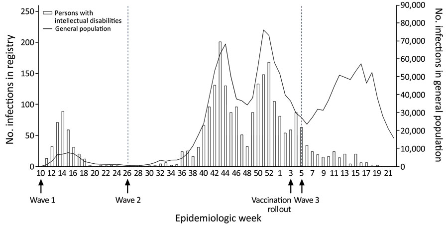 Weekly number of COVID-19 infections among persons with intellectual disabilities and the general population, the Netherlands, March 2020–May 2021. Graph shows epidemiologic weeks during 3 pandemic waves in the Netherlands: wave I, March–June 2020; wave II, July 2020–January 2021; and wave III, February–May 2021. The registry included 2,586 persons with intellectual disabilities in long-term care. Scales for the y-axes differ substantially to underscore patterns. 