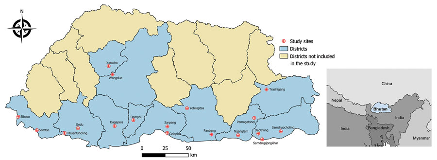 Location of 18 healthcare centers in 11 districts that had high reporting rates for scrub typhus that were included in the case‒control study conducted in Bhutan, 2015.