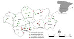 Location of farms in study of animal exposure model for mapping Crimean-Congo hemorrhagic fever virus emergence risk, Andalusia, Spain. Inset shows location of Andalusia within mainland Spain.