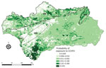Spatial projection of model for risk for exposure of small ruminants to Crimean-Congo hemorrhagic fever virus in Andalusia, Spain. The model was projected at a 1 × 1–km spatial resolution. ANP, Los Alcornocales Natural Park; CNP, Sierras de Cazorla, Segura y Las Villas Natural Park; DNP, Doñana National Park; GRB, Guadalquivir River basin; SM, Sierra Morena mountain chain.