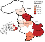 Meningitis cumulative incidence (cases/100,000 population) across 6 affected districts in the Sahel and Est regions of Burkina Faso in study of expansion of Neisseria meningitidis serogroup C clonal complex 10217 during meningitis outbreak, January 28–May 5, 2019. Colors indicate incidence of meningitis cases per 100,000 population. Inset map shows location of surveilled regions in Burkina Faso.
