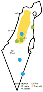 Foci of cutaneous leishmaniasis caused by Leishmania infantum, Israel, 2018–2021. Distribution of canine L. infantum in Israel based on Jaffe et al (8).