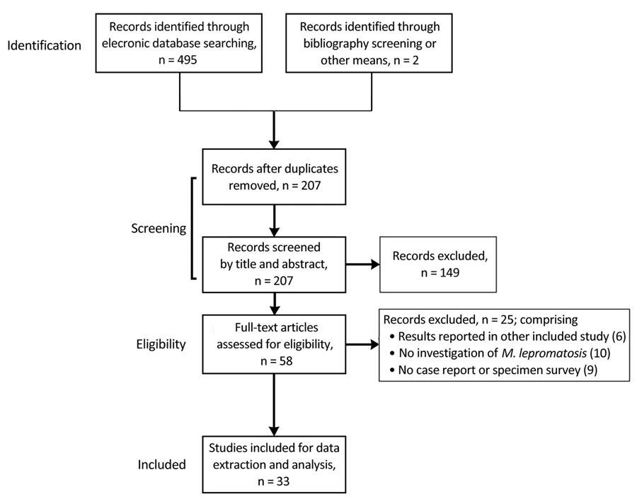 Flow diagram for studies included in literature review of Hansen disease attributed to Mycobacterium lepromatosis.