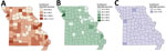 Smoothed county-level incidence rates of nontuberculous mycobacterial (NTM) infections, by infection site, Missouri, USA, 2008–2019. A) All NTM; B) pulmonary NTM; C) extrapulmonary NTM.