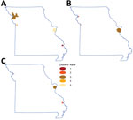 Geographic hotspots of nontuberculous mycobacteria (NTM) infection, by NTM type, Missouri, USA, 2008–2019. Colors indicate rank order, based on relative risk point estimates. A) For all NTM infections, relative risk was 3.62 for rank 1, 2.45 for rank 2, 2.19 for rank 3, 1.66 for rank 4, and 1.53 for rank 5. B) For rapid-growing NTM, relative risk was 3.84 for rank 1, 2.69 for rank 2, and 1.99 for rank 3. C) For slow-growing NTM, relative risk was 5.42 for rank 1, 4.52 for rank 2, and 1.42 for rank 3. 
