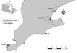 Sites of collection and HEV PCR status of rats submitted by pest control professionals in southern Ontario, Canada, during November 2018–June 2021. Geographic administrative boundaries of the cities of Windsor, Hamilton, and Toronto are displayed. Inset map indicates the location of southern Ontario within Canada. HEV, hepatitis E virus.
