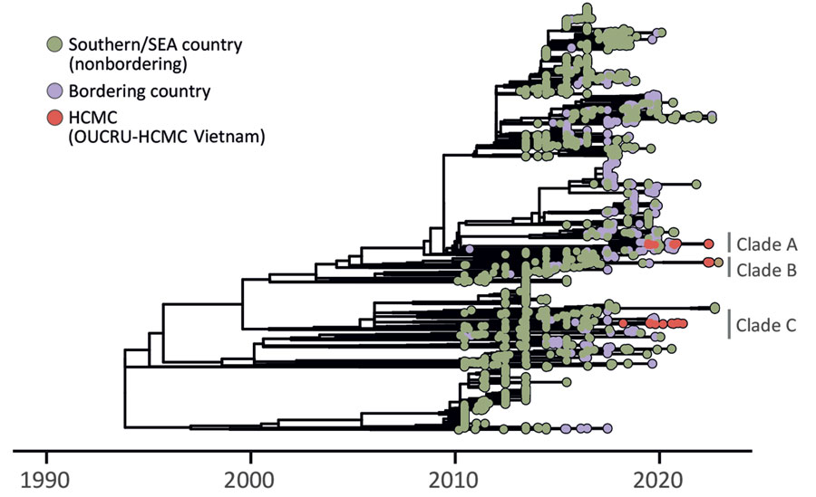 Time-scaled maximum-likelihood phylogenic tree showing emergence of the Cosmopolitan genotype of dengue virus serotype 2 in Vietnam. Clades A–C refer to transmission lineages. HCMC, Ho Chi Minh City; OUCRU, Oxford University Clinical Research Unit; SEA, southeast Asia