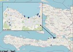 Selected sites of environmental sampling during used in a study of ancestral origin and dissemination dynamic of reemerging toxigenic Vibrio cholerae, Haiti. Blue dots indicate locations of environmental sampling sites for V. cholerae during 2012–2018. Inset shows detail of Port-au-Prince area sampling sites. Maps created by using OpenStreetMap (https://www.openstreetmap.org).