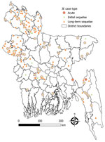 Locations of patients enrolled in study of costs of acute and sequelae care for Japanese encephalitis (JE) patients, Bangladesh, 2011–2021.