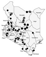 Locations of mosquito collection during surveillance conducted by Division of National Malaria Program and partners, Kenya, December 2022. Gray filled circles indicate sites where Anopheles stephensi mosquitoes were present; black filled circles indicate sites where only other vectors (An. gambiae and An. funestus mosquitoes) were collected.