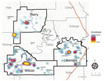 Heat map demonstrating home location distribution of children enrolled in a study of soil-transmitted helminthiases conducted in Lowndes, Wilcox, and Perry Counties, Alabama, USA, December 2019–August 2022.