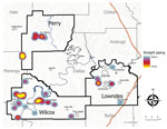 Heat map demonstrating distribution of children enrolled living in homes with self-reported straight pipe sewage discharge in a study of soil-transmitted helminthiases conducted in Lowndes, Wilcox, and Perry Counties, Alabama, USA, December 2019–August 2022.