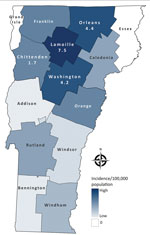 Geographic distribution of blastomycosis cases by county, Vermont, USA, 2011–2020. Numbers indicate incidence rates (cases/100,000 population) for counties with the highest incidence.