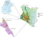 Geographic distribution of rabies virus from a study of genomic sequence alignment of wild and vaccine strains, Kenya. Red dots on callout maps indicate study sample collection sites in Siaya County in western and Makueni County in eastern Kenya. The 2 counties are 540 miles apart and separated by complex natural barriers, such as the floor of the Great Rift Valley, 6 lakes along the valley’s floor, the Aberdares and Nandi escarpment to the east, and the Lake Victoria to the west. Red asterisks indicate major cities or towns.