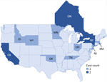 Salmonella enterica serovar Vitkin infection case counts, by state (United States) and province (Canada), 2021–2022.