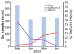 Positivity rates for SARS-CoV2 and HCoV in Hospital São Paulo during betacoronavirus infection outbreak, São Paulo, Brazil, March–June 2023. Blue bars indicate the number of samples tested each month. Purple and red lines indicate the percentage of samples that were positive for each virus. HCoV, human coronavirus. 