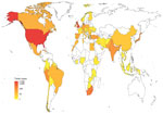 Heatmap indicating the number of isolates included in the dataset from each country in One Health–focused analysis.  