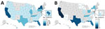 Geographic distribution of patients with mpox who had samples received for tecovirimat resistance testing (A) and who had samples confirmed resistant (B) June 2022–July 2023, United States. 