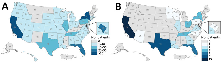 Geographic distribution of patients with mpox who had samples received for tecovirimat resistance testing (A) and who had samples confirmed resistant (B) June 2022–July 2023, United States. 