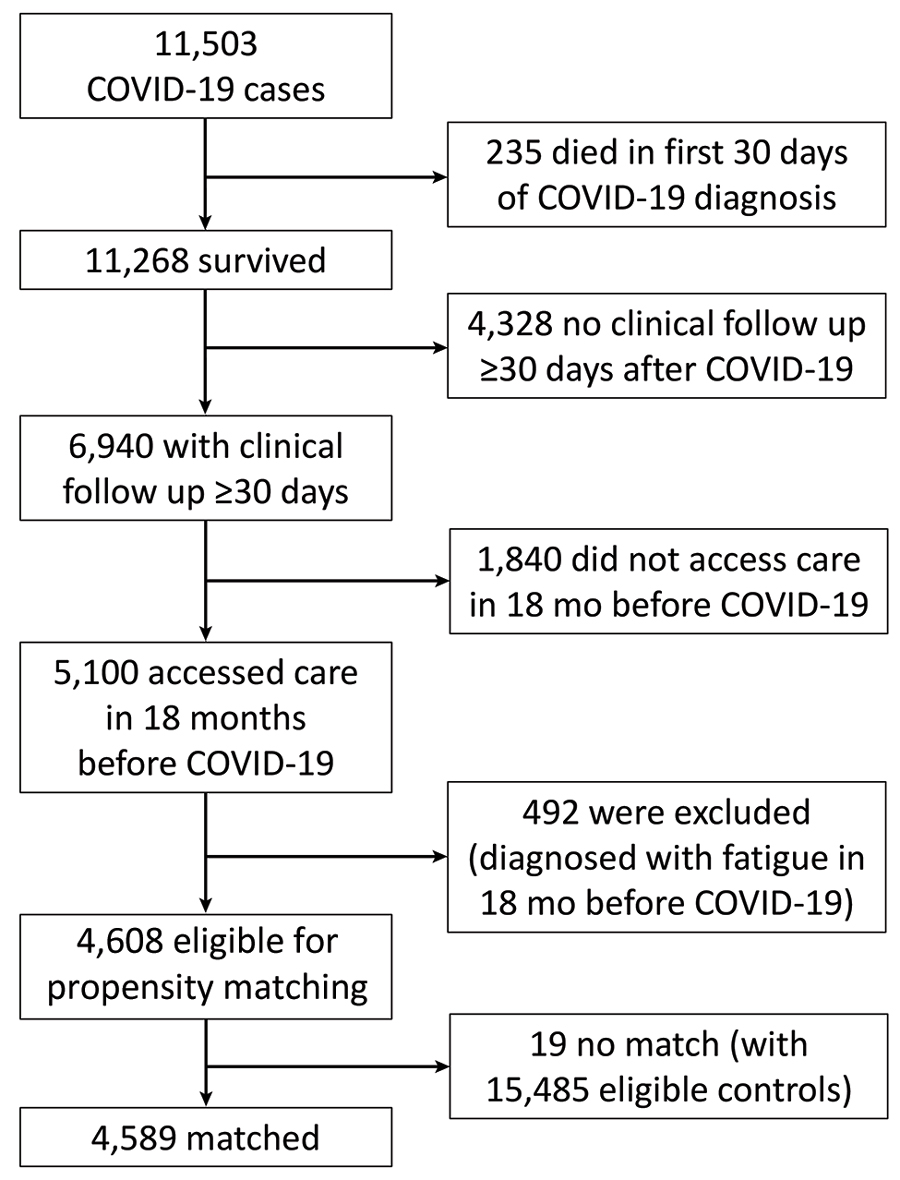 Data flow for COVID-19 cases in study of incidence and predictors of fatiguing illness after SARS-CoV-2 infection, Washington, USA, February 2020–February 2021.