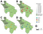 Sampling area for study of seroprevalence of Crimean-Congo hemorrhagic fever virus in human and livestock populations, northern Tanzania. Circles indicates seroprevalence rates for humans (A), cattle (B), sheep (C), and goats (D). The pictured region is near Uganda, where human Crimean-Congo hemorrhagic fever cases have been documented (4).