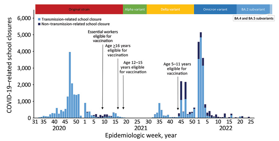 COVID-19–related school closures, dominant COVID-19 variants, and timing of vaccination availability, United States, July 27, 2020–June 30, 2022. School closure was defined as a transition from being open to being closed for in-person instruction excluding any scheduled days off; fully in-person and hybrid learning modalities were classified as open, and fully remote and closed were classified as closed. Transmission-related reasons were COVID-19 cases, suspected cases, increased student absenteeism, increased staff absenteeism, cluster or widespread transmission in the community, state or local guidance or mandate to close schools in response to COVID-19, to clean or disinfect school facilities, and other. Non–transmission-related reasons were COVID-19 vaccinations and side effects of vaccination of staff or students, teacher or staff shortage, for student or staff mental health, and other reasons associated with COVID-19. Timeline of COVID-19 variants derived from Centers for Disease Control and Prevention Museum COVID-19 Timeline (11) and defined as the point at which a variant accounted for the largest proportion of cases. Emergency Use Authorization by the Food and Drug Administration authorized COVID-19 vaccination for teachers and staff as part of the essential workforce on March 2, 2021, and all persons >16 years of age on April 19, 2021 (12). Advisory Committee on Immunization Practices recommended COVID-19 vaccination for persons 12–15 years of age on May 12, 2021, and for persons 5–11 years of age on November 2, 2021 (11).