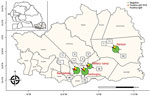 Distribution of reported cases within 4 healthcare centers during the sylvatic dengue outbreak in Kedougou region, Senegal, during November 2020–February 2021. Inset shows the Kedougou region in the southeastern corner of Senegal. Patient samples were positive according to qRT-PCR or dengue virus IgM assays of serum samples. Numbers in squares indicate the number of negative and positive cases. qRT-PCR, quantitative reverse transcription PCR.