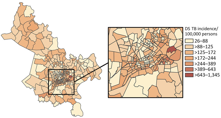 Choropleth map displaying geographic variation in average annual incidence (cases/100,000 persons) for DS TB, subdivided by ward, Ho Chi Minh City, Vietnam, January 1, 2020–April 30, 2023. Map does not include Cần Giờ district. Inset map shows location of study area in Vietnam. DS TB, drug-susceptible tuberculosis.