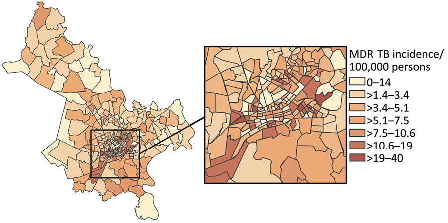 Choropleth map displaying geographic variation in average annual incidence (cases/100,000 persons) for MDR TB, subdivided by ward, Ho Chi Minh City, Vietnam, January 1, 2020–April 30, 2023. Map does not include Cần Giờ district. Inset map shows location of study area in Vietnam. MDR TB, multidrug-resistant tuberculosis.
