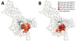 Spatial clustering of drug-susceptible (A) and multidrug-resistant (B) tuberculosis incidence, Ho Chi Minh City, Vietnam, January 1, 2020–April 30, 2023, based on the Getis-Ord GI* statistic. 