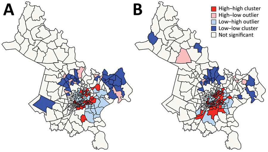 Spatial clusters and outliers of drug-susceptible (A) and multidrug-resistant (B) tuberculosis incidence, Ho Chi Minh City, Vietnam, January 1, 2020–April 30, 2023, based on the Anselin Local Moran I statistic. 