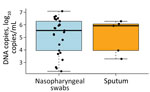 Boxplot of the quantifications of the Chlamydia pneumoniae–positive PCRs, by sample type, in a tertiary care hospital, Lausanne, Switzerland. In total, 24 nasopharyngeal swab and 5 sputum samples were available. For 2 patients, data were paired, with 1 nasopharyngeal swab and 1 sputum sample available for each. Black dots indicate individual samples; horizontal lines within boxes indicate medians; box tops and bottoms indicate interquartile range; and error bars indicate 1.5 times the value of the interquartile ranges. The nostril swab was omitted from the analysis. We observed no statistically significant difference between the groups (Wilcoxon rank-sum test).
