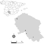 Geographic locations of farms included in a study of rat hepatitis E virus in pigs, Spain, 2023. Triangles indicate farms with >1 pig positive for rat HEV RNA are marked, circles farms with no positive pigs. Inset shows shaded area in Spain where the sampling occurred.