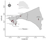 Referral hospitals contributing to the hospital-based surveillance of severe acute respiratory infection (red circles), Dakar, Senegal, 2023. Inset map show study area in Senegal.