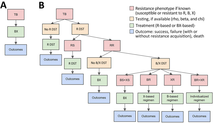 Treatment pathways for new TB patients in study of potential of pan-TB treatment to drive emergence of novel resistance, comparing a pan-TB treatment scenario (A) with the standard-of-care scenario (B). Retreatment pathways are shown in Appendix Figure 1. BR-TB, diarylquinoline-resistant TB; RR-TB, rifampin-resistant TB; RS-TB, rifampin-susceptible TB; TB, tuberculosis; XR-TB, TB resistant to additional novel drug X; R DST, rifampin drug-susceptibility testing; B DST, diarylquinoline susceptibility testing; X DST, other novel drug (or drugs) susceptibility testing.