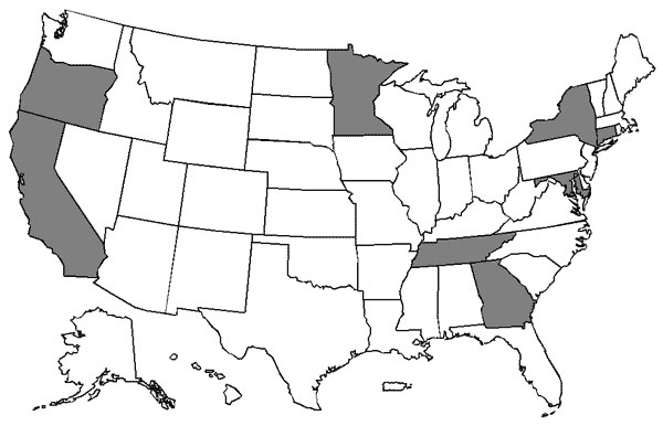 States included in Active Bacterial Core surveillance in 1999 (shaded). Surveillance for all pathogens was conducted statewide in Connecticut but in selected counties only for some or all pathogens in the other states.
