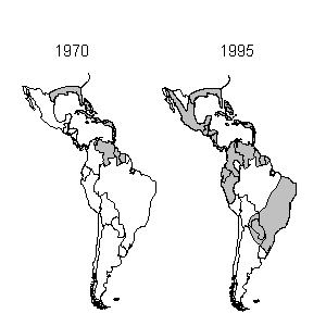 Distribution of Aedes aegypti (shaded areas) in the Americas in 1970, at the end of the mosquito eradication program, and in 1995.