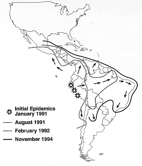 . Geographic extent of the Latin American cholera epidemic over time. Lines represent the advancing front of the epidemic at different dates. As of mid-1995, all Latin American countries except Uruguay have reported cases; no cases have been reported from the Caribbean.